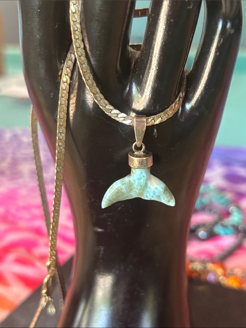 Solid Silver Larimar carved whales mermaid tail necklace